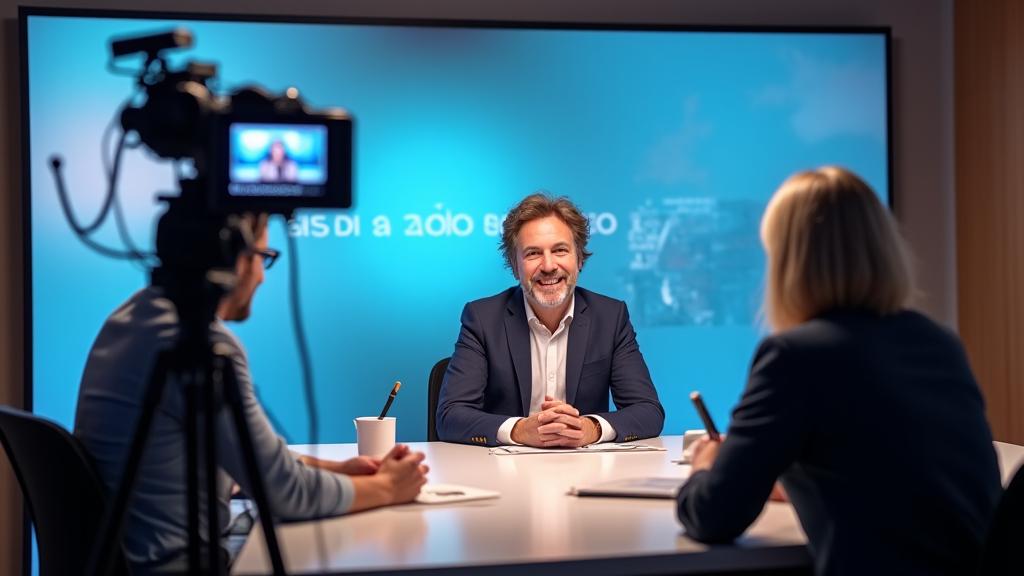 A professional interview setup for a broadcast.