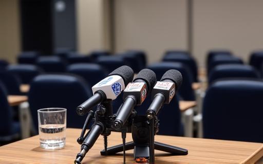 A press conference with multiple microphones.